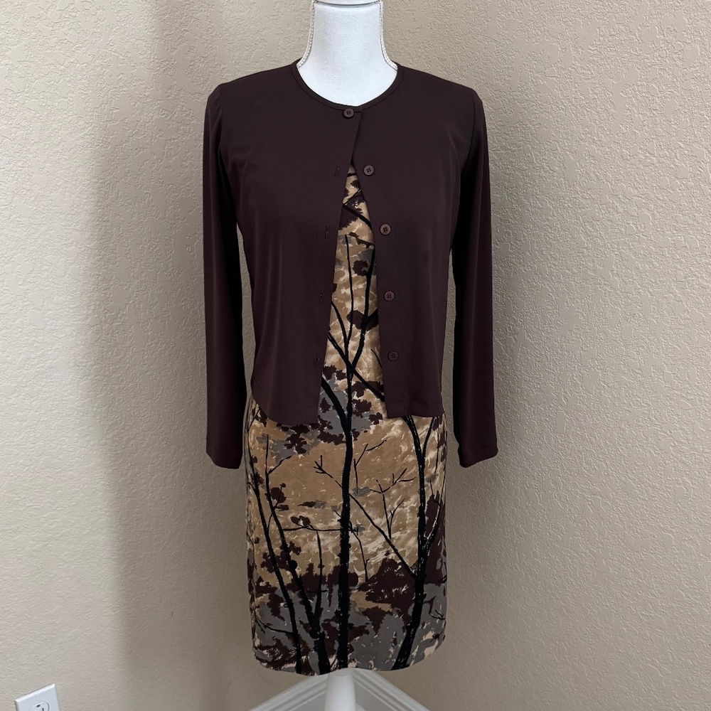 BCBG MaxAzria Sleeveless Dress with jacket size 2 Brown Autumn pattern